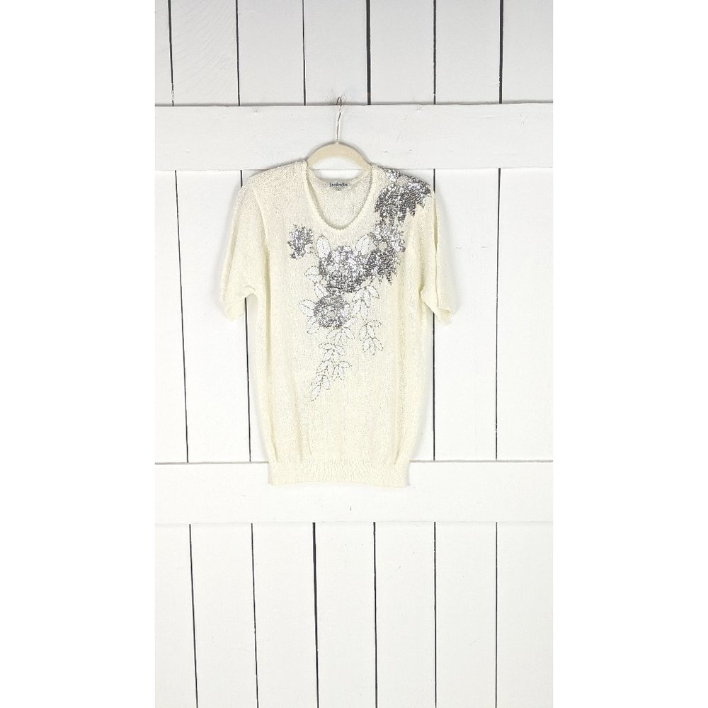 Vintage slouchy short sleeve silver sequin applique pullover sweater top